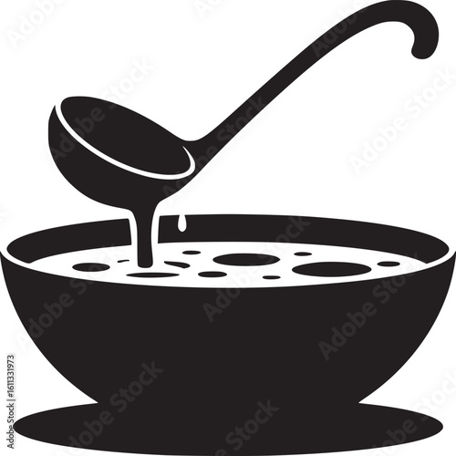 Black and white illustration of a ladle pouring soup into a bowl with visible ingredients inside it