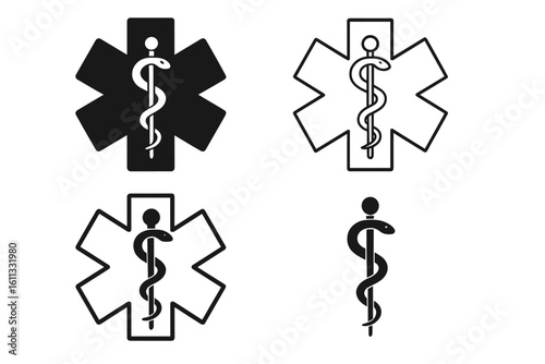 Medical symbol set with Star of Life and Rod of Asclepius. Vector icons for emergency, ambulance, paramedic, and health care. Isolated on white background.