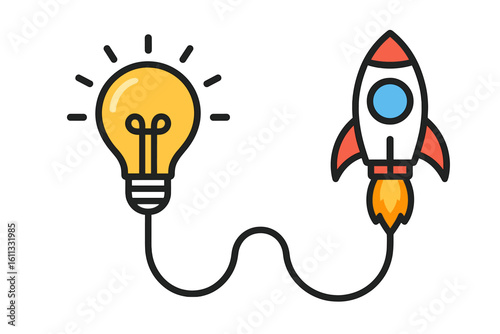 Startup idea to launch concept with lightbulb connected to a rocket. Creativity, innovation and realization of a new business project. From idea to implementation success.