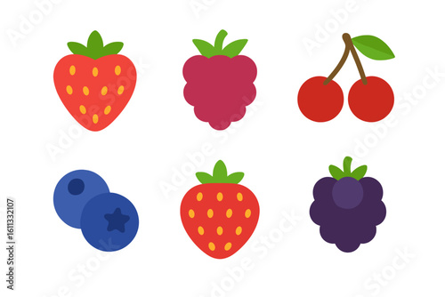 Berry icon set vector. Strawberry, raspberry, cherry, blueberry, blackberry. Simple flat cartoon design illustration. Fresh summer fruit symbol. Healthy organic food concept.