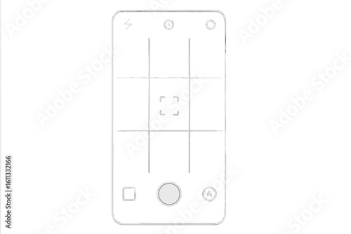 Smartphone camera interface vector. Mobile phone screen viewfinder with grid and focus. Photo app display with shutter button and icons. Isolated illustration for mockup.