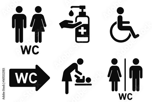 Toilet icons set. Public restroom pictograms collection. Man, woman, handicap access, baby changing station. WC signs, wheelchair symbol, hand sanitizer hygiene concept.