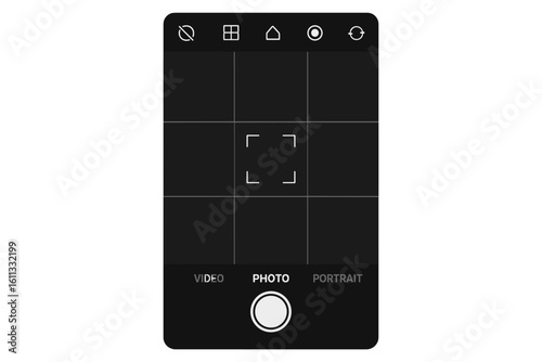 Smartphone camera interface mockup. Mobile phone screen with viewfinder, grid, and focus. App UI for photo, video, and portrait modes. Vector design on transparent background.