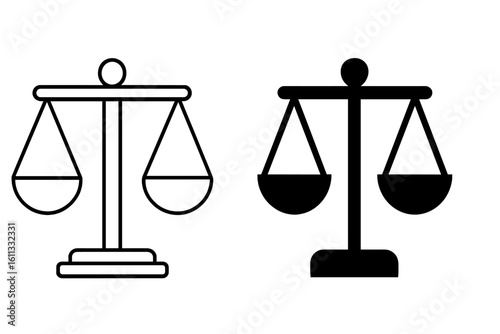 Scales of justice icon set. Law and justice symbol. Balance, weight, and equality concept. Legal, court, and judgment vector illustration. Line and glyph style icons.