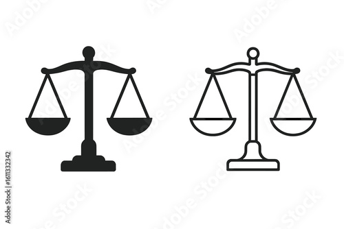 Scales of justice icon set. Law and legal symbol. Balance, weight, and judgment concept. Vector silhouette and outline illustration isolated on white background.