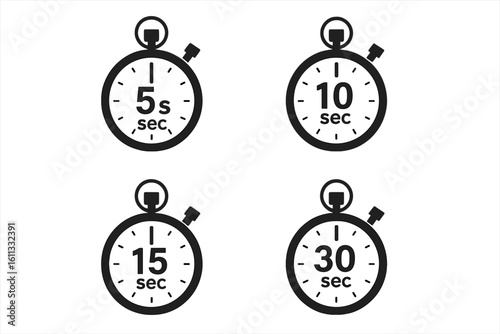 Set of timer icons. Stopwatch collection with 5, 10, 15, 30 seconds. Chronometer symbol. Time measurement concept. Countdown clock vector. Speed, deadline, interval signs.