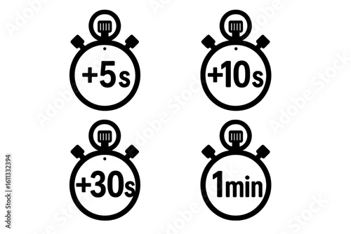 Stopwatch timer icon set for time intervals. Plus 5, 10, 30 seconds and 1 minute signs. Simple black vector illustration for sport, game UI or countdown.