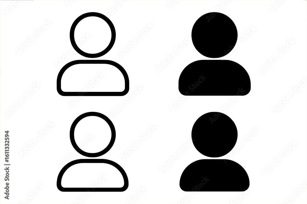 User avatar icon set in outline and solid style. Person profile symbol. Simple flat human head silhouette pictogram for account, member, contact, placeholder, web, ui. User avatar icon set in outline and solid style. Person profile symbol. Simple flat human head silhouette pictogram for account, member, contact, placeholder, web, ui.