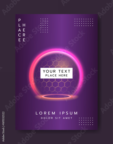 3D sphere shield. Creative poster. Glowing protective barrier. Geometric round shape with hexagon. Abstract circle bubble. Neon energy flash dome. Shiny orb. Vector invitation banner design template