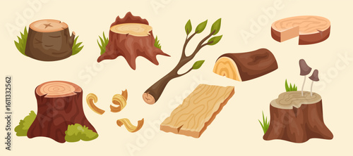 Wood slice. Tree stump. Timber objects. Sawn logs. Wooden planks. Cartoon graphic icon. Forestry material. Carpentry logging. Lumber cut. Pine trunk and branch. Vector woodland illustration tidy set