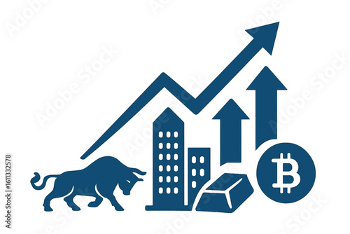 Bull market concept with rising chart. Investment growth in stocks, real estate, gold, and cryptocurrency. Financial success and economic boom vector illustration icon.