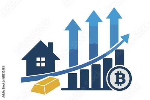 Investment portfolio growth concept with real estate, gold, bitcoin. Bull market chart, arrows up. Financial success, diverse asset value increase, economy boom vector icon.