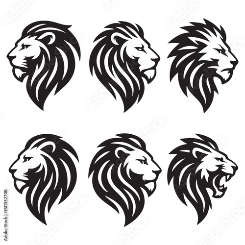 Set of stylized lion head profiles in black and white.
