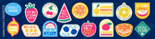 Fruit labels. Product sticker. Vintage cherry and lemon patches. Retro badge of apple. Organic vegan food stamp design. Summer fresh tags. ECO natural watermelon or strawberry. Vector garish icons set