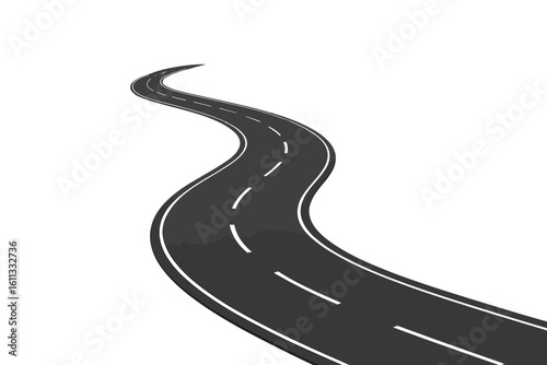 Winding road isolated on white. Curved asphalt highway in perspective. Metaphor for journey, path, travel, direction, future, progress, and business roadmap.