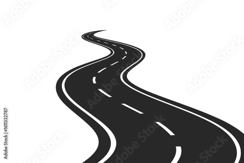 Winding road isolated. Curved asphalt highway with marking in perspective. Bending road to horizon. Concept of journey, path, success, adventure, future, strategy.