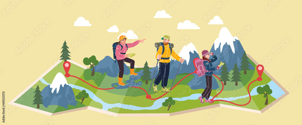 Fototapeta premium Map travel. Tourist on mountain road. Journey path on nature. Hiker people walk route. Rocky landscape. Adventure tourism. Camper hiking. Outdoor family vacation. Explorer orienteering. Vector concept