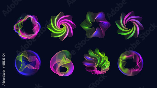 Neon swirl. Round glow shapes. Vibrant gradient. Futuristic circles. Fluid motion lines. Dynamic curve background. Tech blend effect. Guilloche watermark. Twirl vortex. Vector geometric elements set