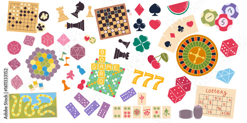 Board games. Casino lucky chips. Poker cards ace. Cartoon roulette dice. Family strategy play. Lotto table. Gambling entertainment. Domino and mahjong. Blackjack bet. Vector gamble hobby objects set