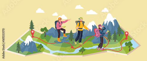 Map travel. Tourist on mountain road. Journey path on nature. Hiker people walk route. Rocky landscape. Adventure tourism. Camper hiking. Outdoor family vacation. Explorer orienteering. Vector concept