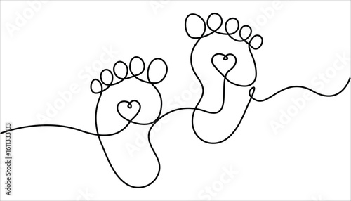 Baby foot barefoot heart icon continuous one line drawing, Kid feet graphic icon. Child bare feet sign isolated on white background. Concept of Wellness massage and Care about soft skin. 