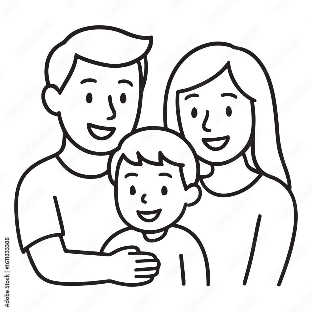 This black line art image depicts a happy family: a father, a mother, and a child. This black line art image depicts a happy family: a father, a mother, and a child.