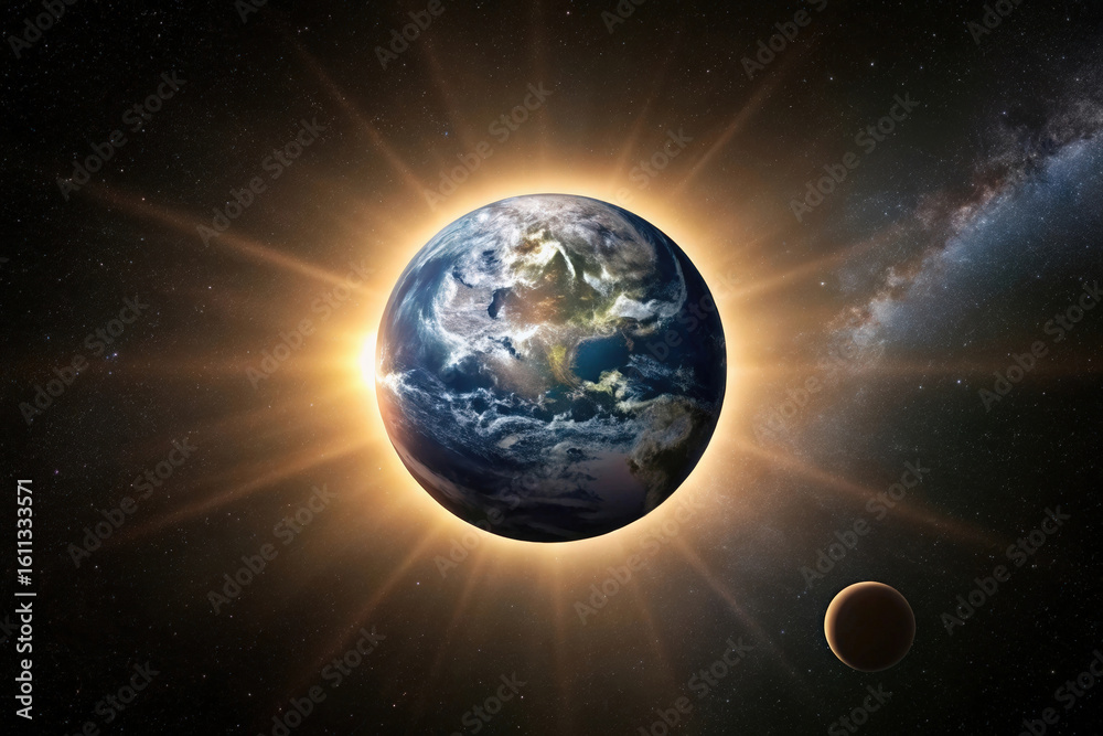 Fototapeta premium Earth Bathed in Sunlight with a Distant Moon Orbiting in the Vast Expanse of Space and Cosmic Wonder