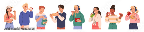 Happy people eat fastfood. Cartoon characters with pizza and burgers. Unhealthy meal. Woman holding hotdog. Man chewing noodles. Tasty lunch snack. Eating on go. Street food set. Vector illustration