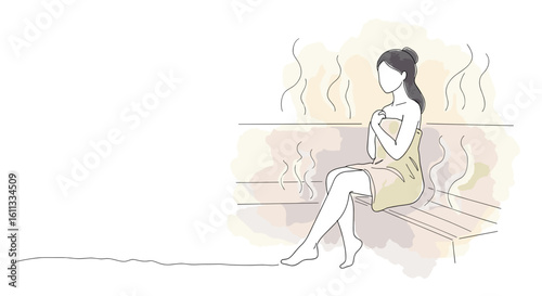 Woman sitting in sauna wrapped in towel feeling relaxed  