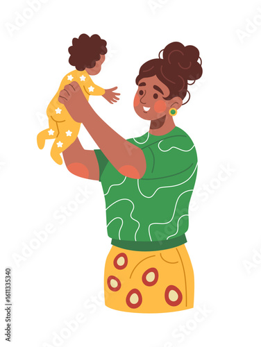 Mother and baby. Happy mom hold child. Newborn in arms, cute trendy character. Son and daughter. Motherhood and parenthood concept. Family together. Vector cartoon flat style isolated illustration