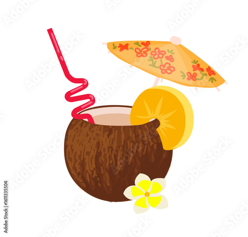 Travel map. Tropical cocktail. Coconut glass with straw and umbrella. Summer vacation. Beach journey. Exotic coco beverage cup. Orange slice and flower. Hawaiian party. Fresh juice. Vector bar element