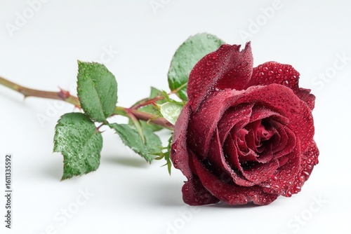 Fototapeta Naklejka Na Ścianę i Meble -  Dark red rose with water droplets on a white background