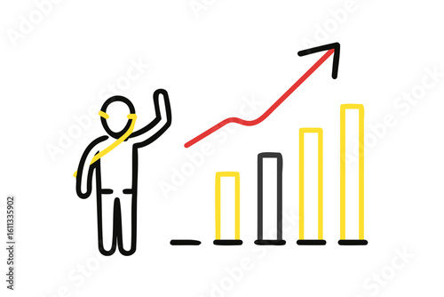 Stylized stick figure celebrates rising bar graph with red arrow celebration success
