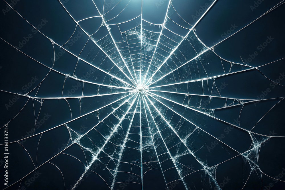 Obraz premium Intricate Spiderweb Against a Dark Backdrop, a Study in Geometric Patterns and Delicate Structural Design