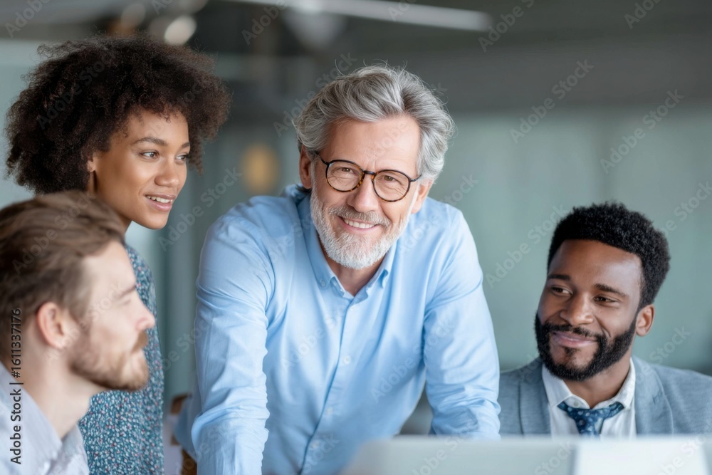 A diverse group of four professionals engaged in a collaborative discussion in a modern office setting. A diverse group of four professionals engaged in a collaborative discussion in a modern office setting.