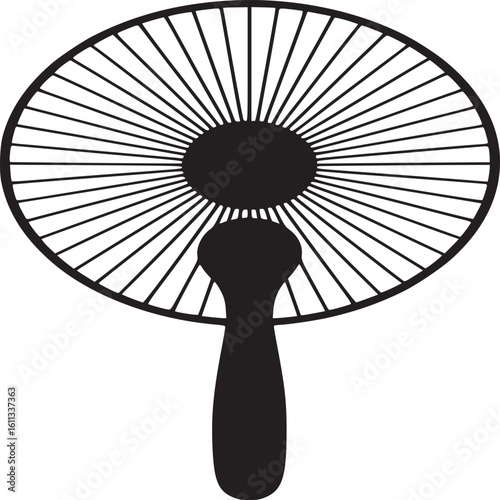 A simple black and white illustration of a hand fan with a circular fan and a handle on a white background