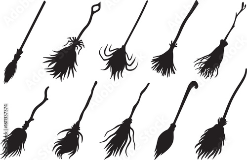 Assortment of Witch Broom Silhouettes for Halloween Festivities