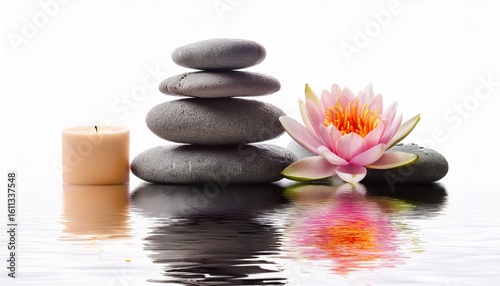 balancing stones with lotus flower and candlelight reflection isolated on a white background