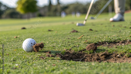 Detailed shot of golf ball resting on green, with divot left on grass after impact. scene captures essence of golf course, showcasing beauty of sport
