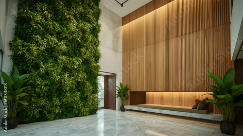 High Ceiling Living Room with Biophilic Wall and Wooden Slate Feature