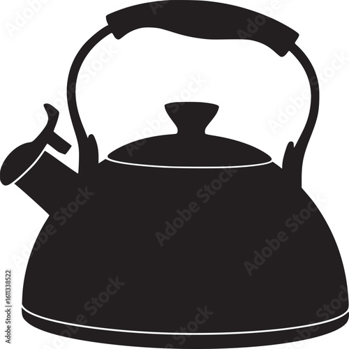 A minimalist black silhouette of a tea kettle with a curved handle and spout on a white background