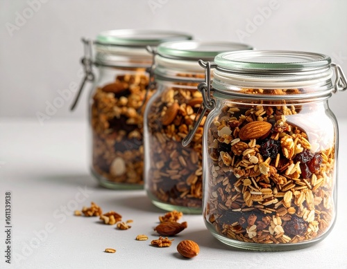 Homemade granola jars with neutral background