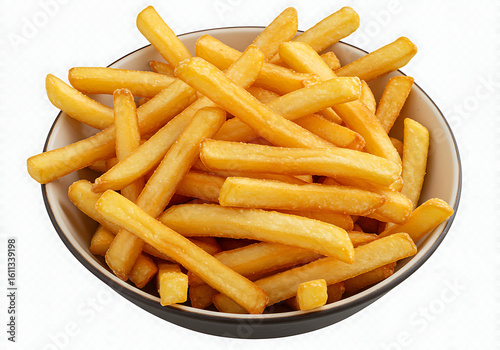 A bowl filled with golden-brown, crispy french fries, stacked and ready to eat, against a white background.