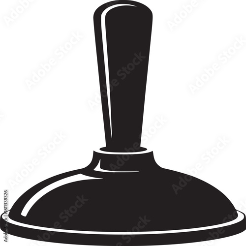 A black and white graphic illustration of a plunger with a long handle on a white background