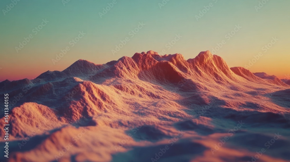 Naklejka premium Abstract pastel landscape of rolling hills and ridges under a teal and orange gradient sky