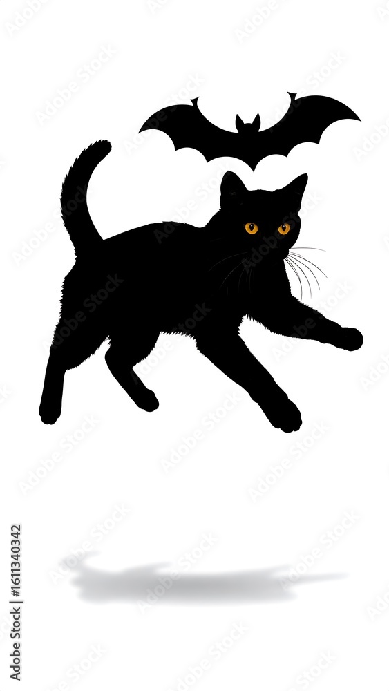Fototapeta premium Black cat silhouette with bat