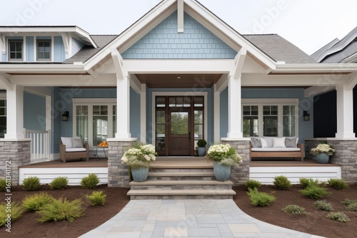 Cozy wicker furniture sits on the welcoming porch of a light blue craftsman style home