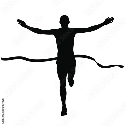 Silhouette of a triumphant runner breaking the tape symbolizes victory and achievement in sports competition