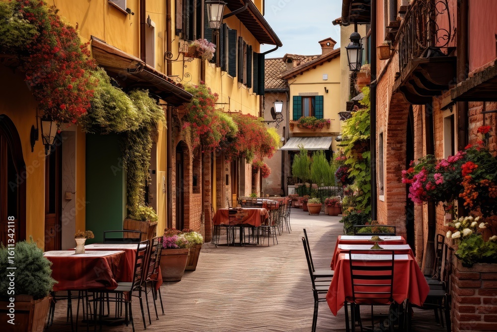 Obraz premium Empty tables with red tablecloths await guests in a picturesque italian alley adorned with flowers