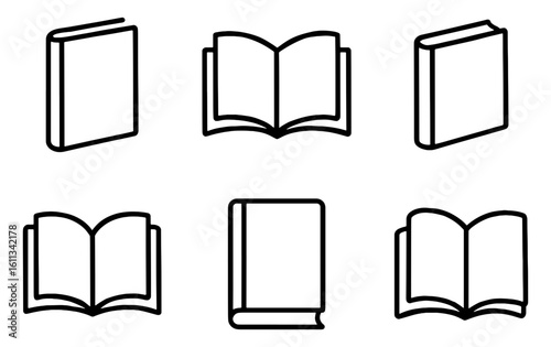 Collection of six different book outline icons